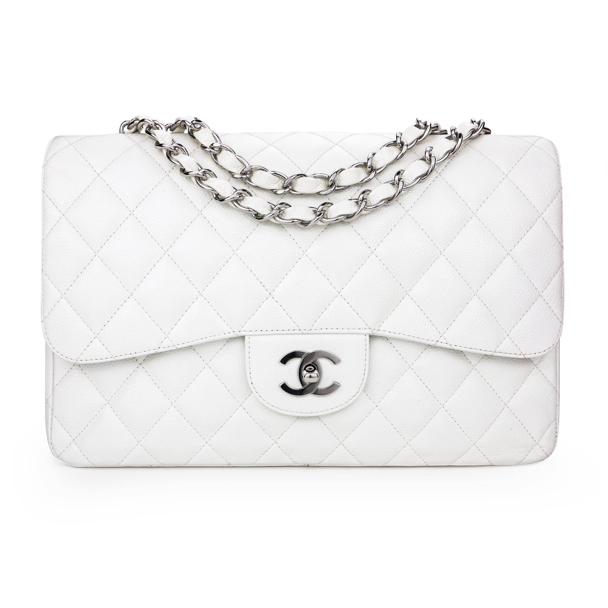 Chanel White Caviar Leather Medium Classic Flap Bag with Silver Hardware at  1stDibs  white chanel bag with silver hardware white chanel bag silver  hardware white and silver chanel bag